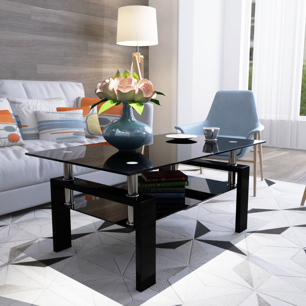 Modern Black Glass Rectangular Coffee Table – Stylish Living Room Side & Center Table