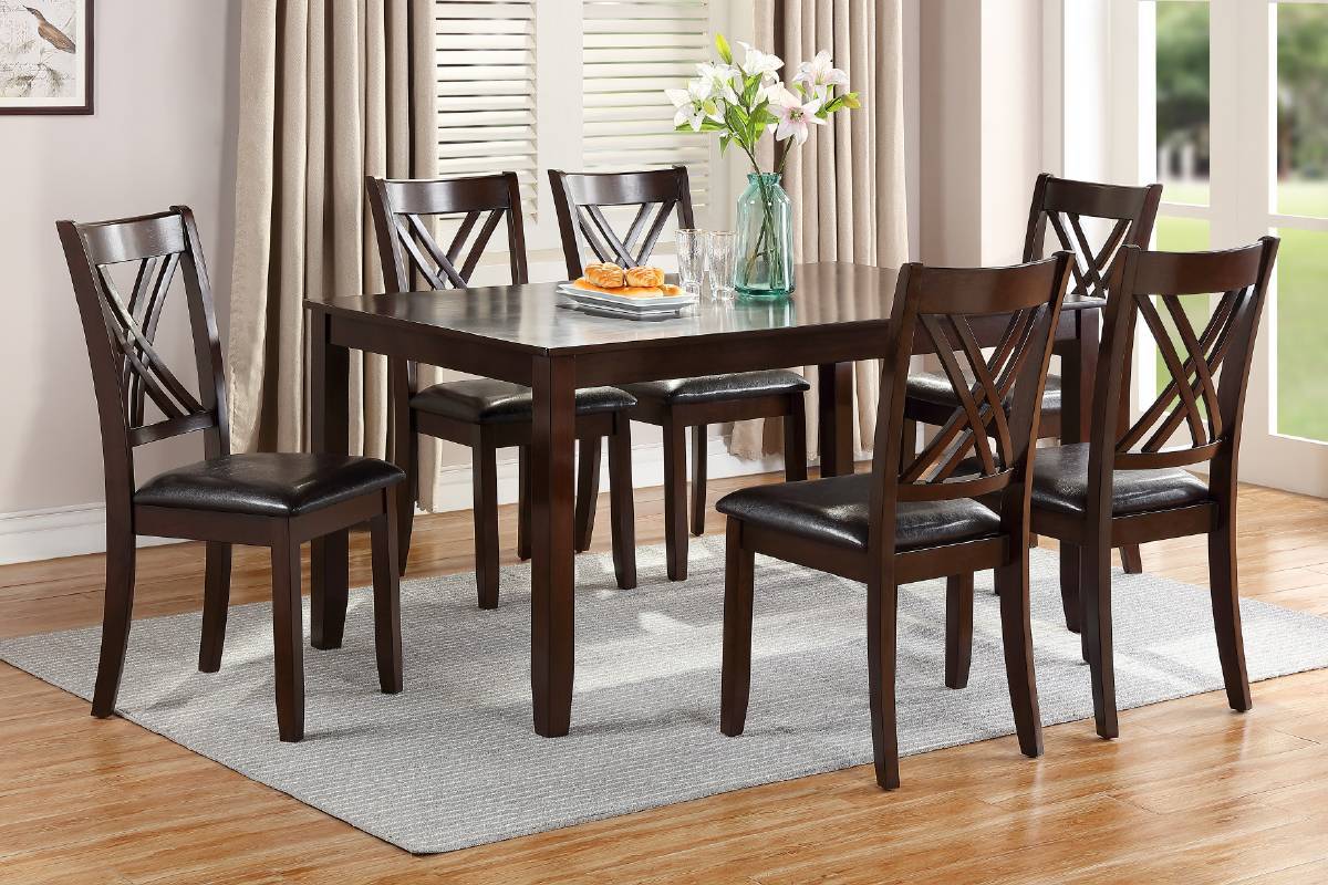 7-Piece Dining Set with Table & 6 Chairs – Espresso Finish, Cushioned Seats & X-Back Design