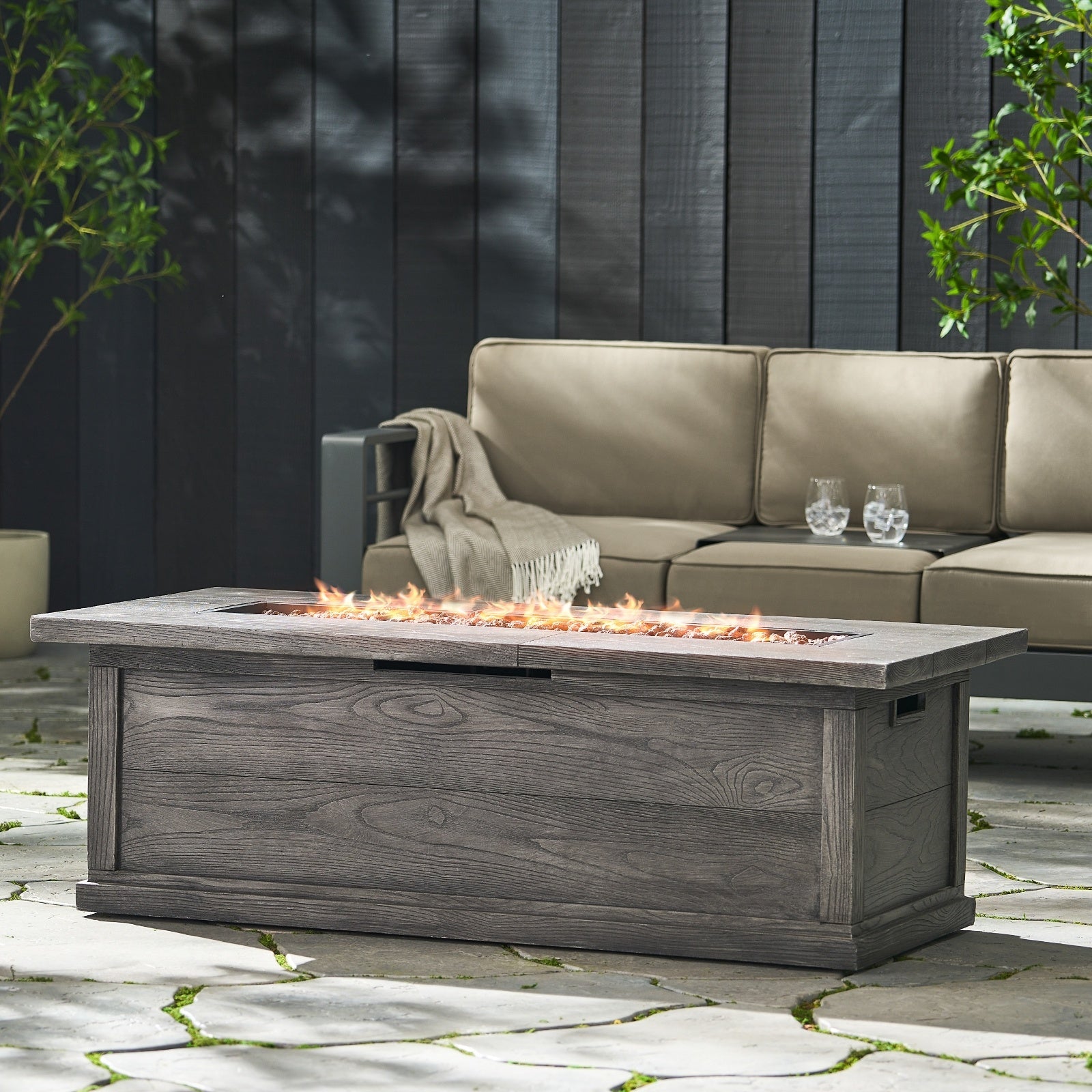 Rectangular Patio Fire Pit Table with Wood Finish – MGO Fire Table, 50,000 BTU, Grey