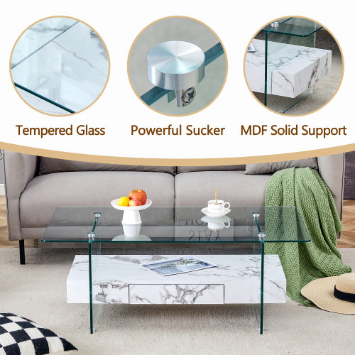 43.3 Inch Modern Two-Tier Coffee Table - Clear Tempered Glass And White Marble Texture, Multifunctional Storage Design.The Bottom Tier Includes A Drawer.Can Be Used As A Coffee Table,side Table,etc.