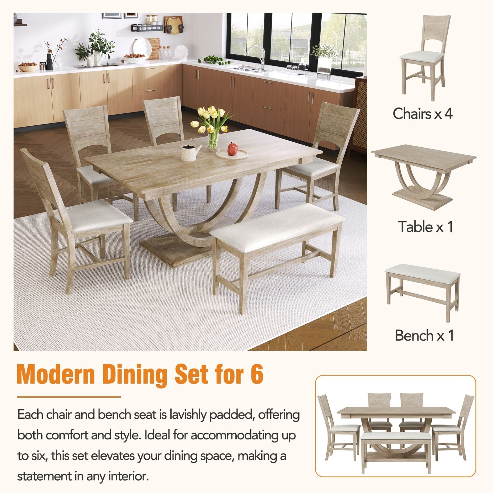 6-Piece Wooden Half-Round Dining Table Set with Long Bench & 4 Chairs – Modern Dining Room Furniture by TOPMAX