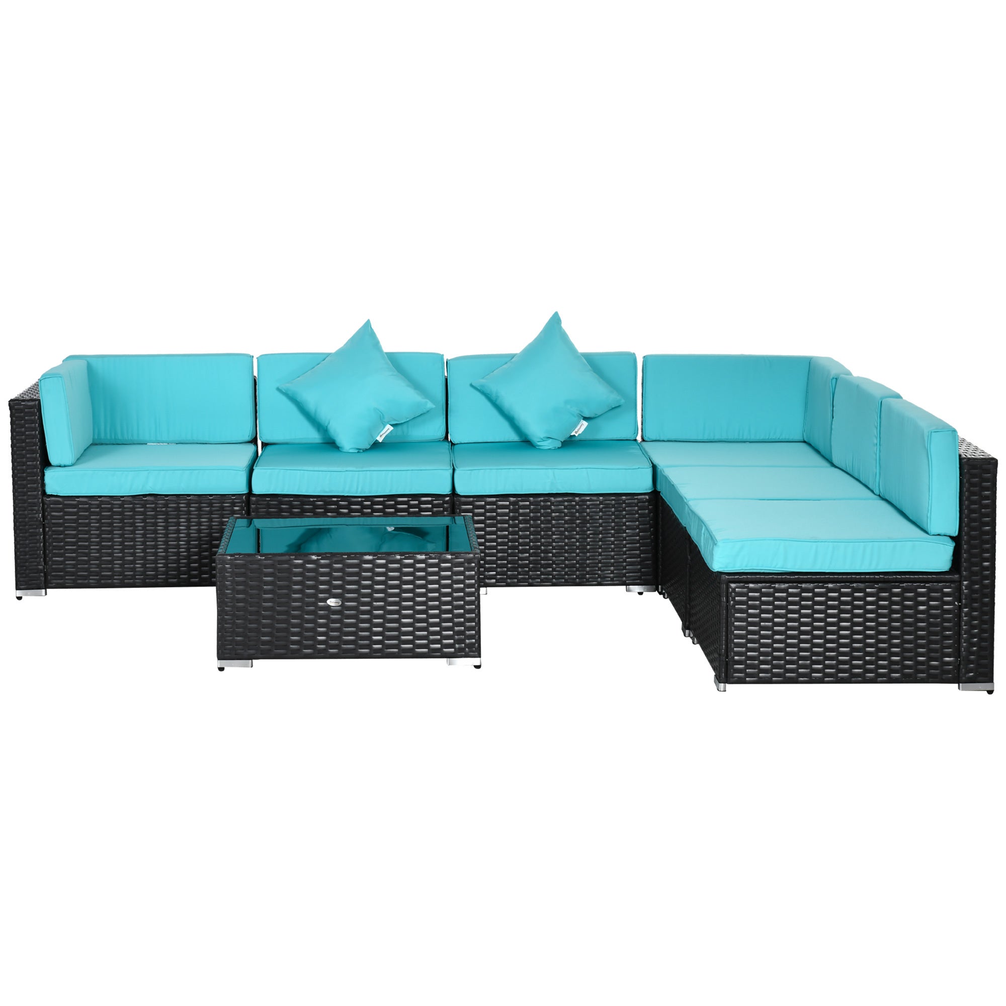 7-Piece Wicker Patio Conversation Set with Cushions & Glass Table – Outdoor Furniture Set in Turquoise