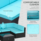 7-Piece Wicker Patio Conversation Set with Cushions & Glass Table – Outdoor Furniture Set in Turquoise