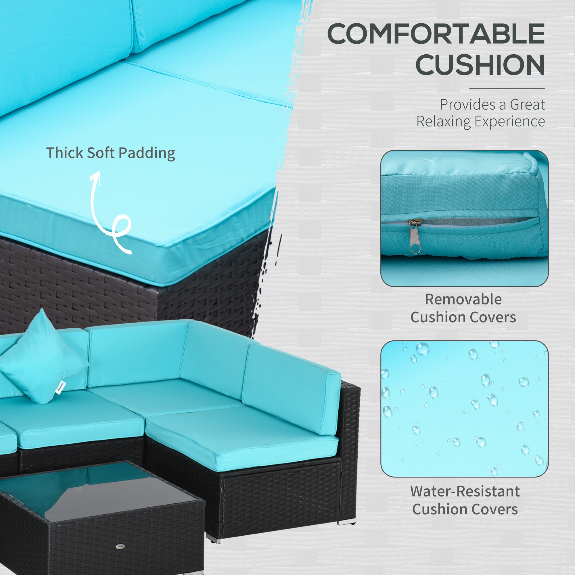 7-Piece Wicker Patio Conversation Set with Cushions & Glass Table – Outdoor Furniture Set in Turquoise