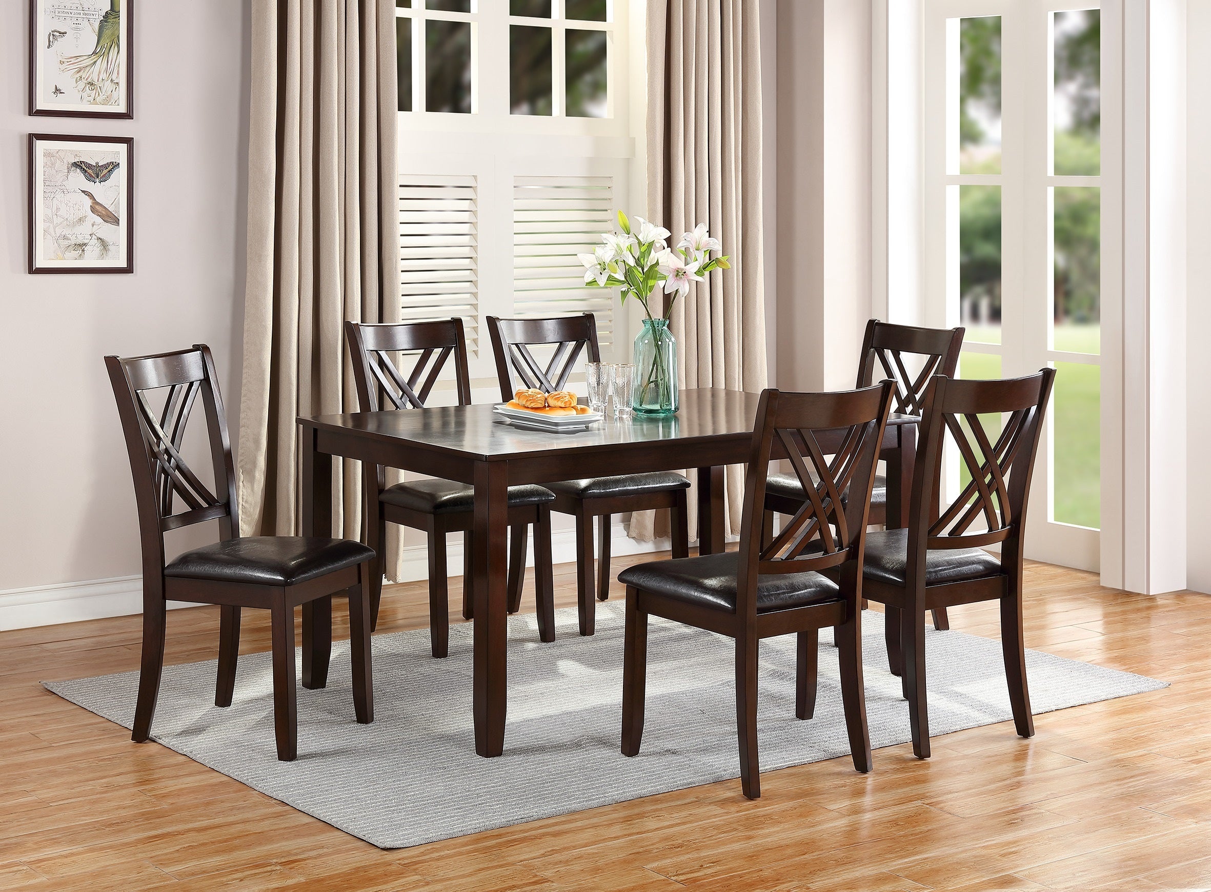 7-Piece Dining Set with Table & 6 Chairs – Espresso Finish, Cushioned Seats & X-Back Design