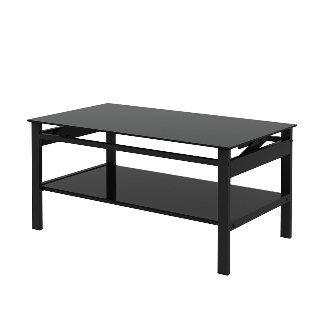 Modern Glass Lift-Top Coffee Table – 2-Layer Black Tempered Glass, Simple Contemporary Design