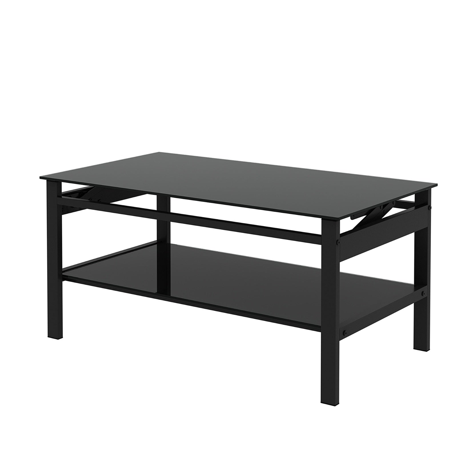 Modern Glass Lift-Top Coffee Table – 2-Layer Black Tempered Glass, Simple Contemporary Design