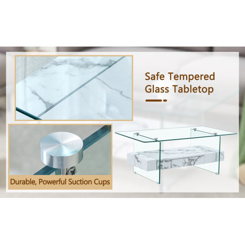 43.3 Inch Modern Two-Tier Coffee Table - Clear Tempered Glass And White Marble Texture, Multifunctional Storage Design.The Bottom Tier Includes A Drawer.Can Be Used As A Coffee Table,side Table,etc.