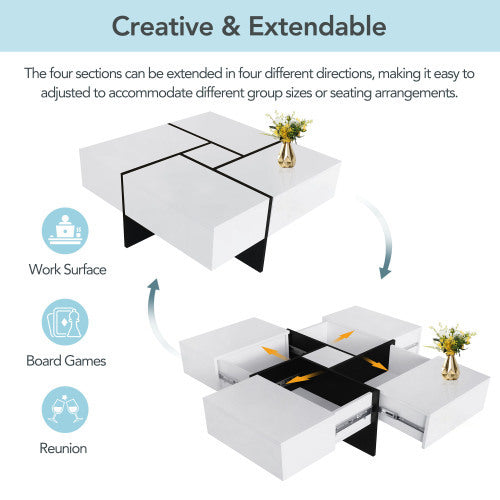 Modern Coffee Table with 4 Hidden Storage Compartments – Unique Design Living Room Furniture
