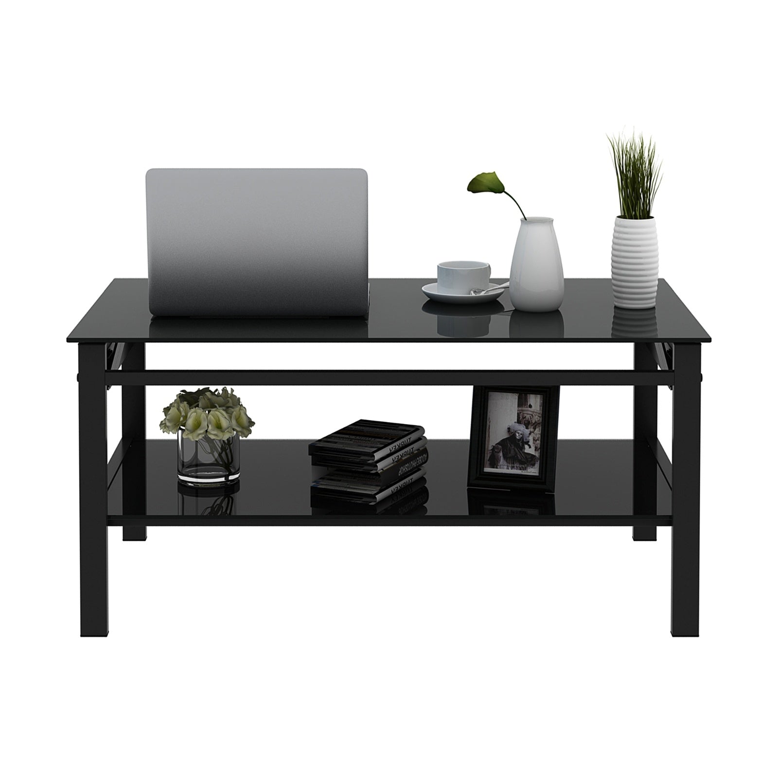 Modern Glass Lift-Top Coffee Table – 2-Layer Black Tempered Glass, Simple Contemporary Design