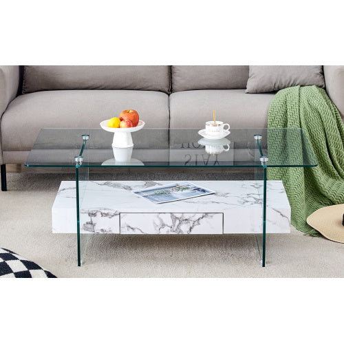 43.3 Inch Modern Two-Tier Coffee Table - Clear Tempered Glass And White Marble Texture, Multifunctional Storage Design.The Bottom Tier Includes A Drawer.Can Be Used As A Coffee Table,side Table,etc.