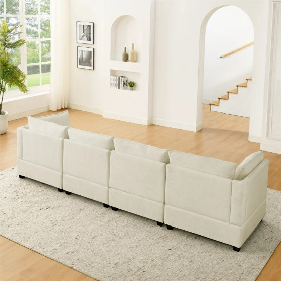 Convertible 4-Seat L-Shaped Sectional Sofa Couch with Ottoman – Cloud-Style Sofa with Padded Armrests for Living Room, Apartment & Office (Beige/White)