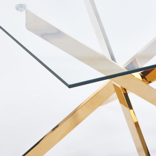 Modern Golden Dining Table with Cross Metal Legs & Glass Top – Space-Saving Square Kitchen Table (120x120x75cm)