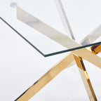 Modern Golden Dining Table with Cross Metal Legs & Glass Top – Space-Saving Square Kitchen Table (120x120x75cm)