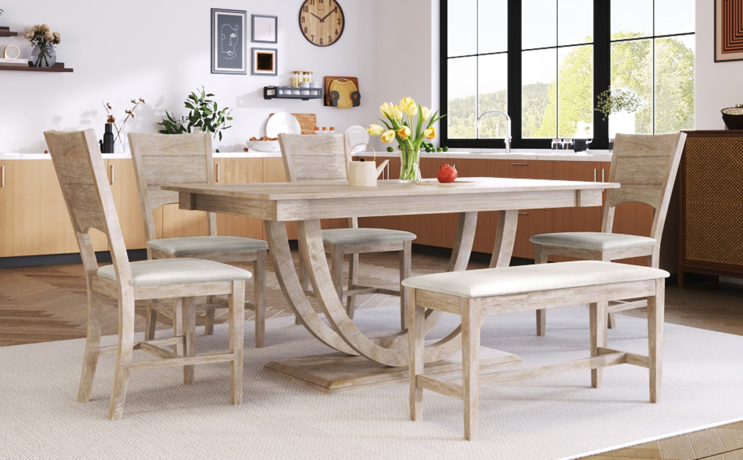 6-Piece Wooden Half-Round Dining Table Set with Long Bench & 4 Chairs – Modern Dining Room Furniture by TOPMAX