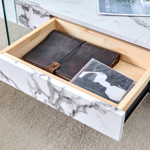 43.3 Inch Modern Two-Tier Coffee Table - Clear Tempered Glass And White Marble Texture, Multifunctional Storage Design.The Bottom Tier Includes A Drawer.Can Be Used As A Coffee Table,side Table,etc.
