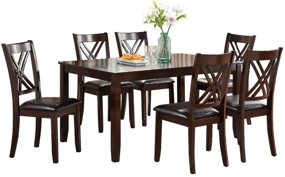 7-Piece Dining Set with Table & 6 Chairs – Espresso Finish, Cushioned Seats & X-Back Design