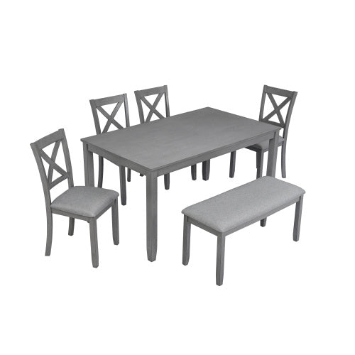 6-Piece Dining Set with Rectangular Wooden Table, 4 Upholstered Chairs & Bench – Modern Gray Kitchen & Dining Room Furniture