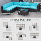 7-Piece Wicker Patio Conversation Set with Cushions & Glass Table – Outdoor Furniture Set in Turquoise