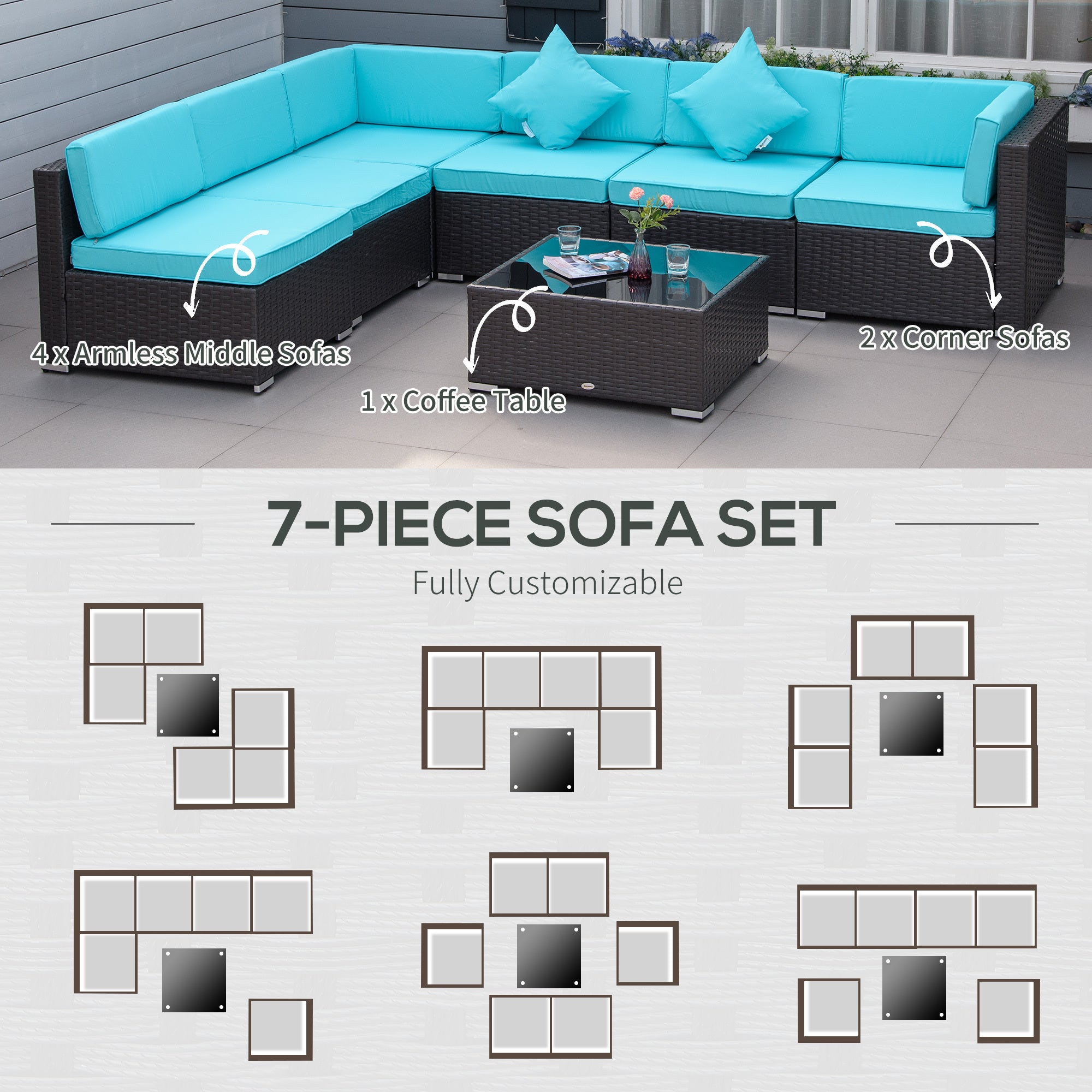 7-Piece Wicker Patio Conversation Set with Cushions & Glass Table – Outdoor Furniture Set in Turquoise