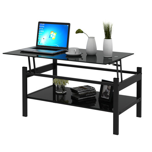 Modern Glass Lift-Top Coffee Table – 2-Layer Tempered Glass Living Room Center Table in Black