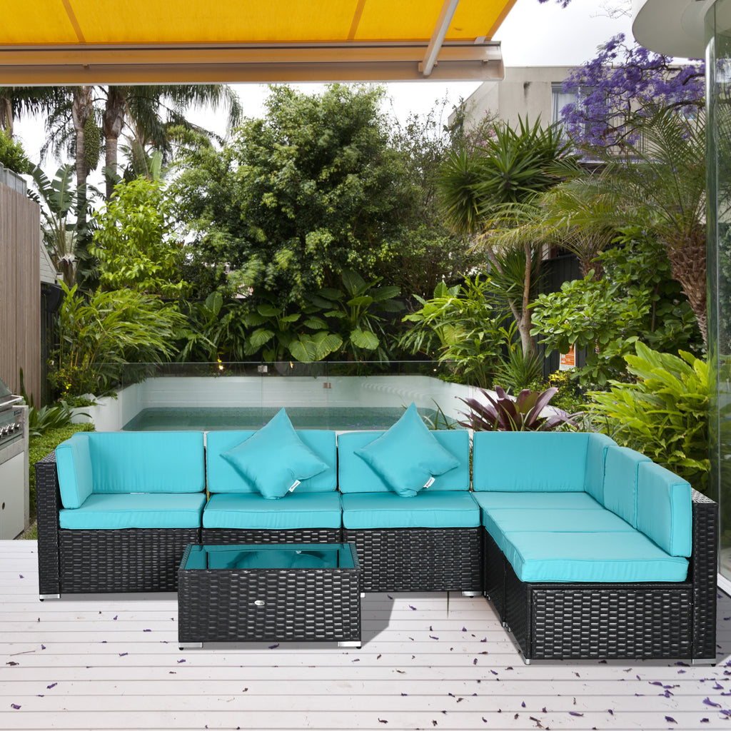 7-Piece Wicker Patio Conversation Set with Cushions & Glass Table – Outdoor Furniture Set in Turquoise