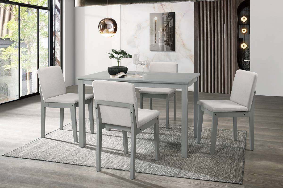 Grey Finish 5 Piece Dining Room Set Dining Table 4x Chairs Beige Fabric Chairs