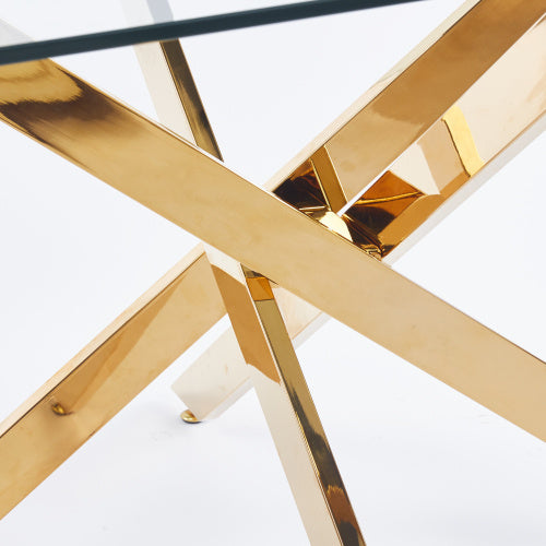 Modern Golden Dining Table with Cross Metal Legs & Glass Top – Space-Saving Square Kitchen Table (120x120x75cm)