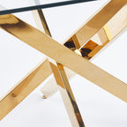 Modern Golden Dining Table with Cross Metal Legs & Glass Top – Space-Saving Square Kitchen Table (120x120x75cm)