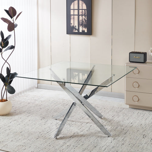Modern Golden Dining Table with Cross Metal Legs & Glass Top – Space-Saving Square Kitchen Table (120x120x75cm)