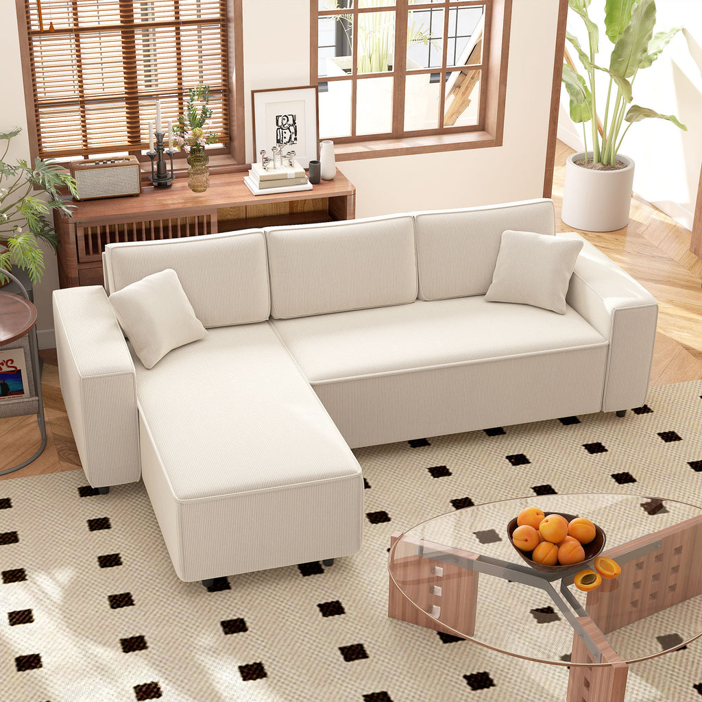 Cream White Corduroy L-Shaped Corner Sofa with Reversible Chaise Lounge & Pocket Spring Comfort