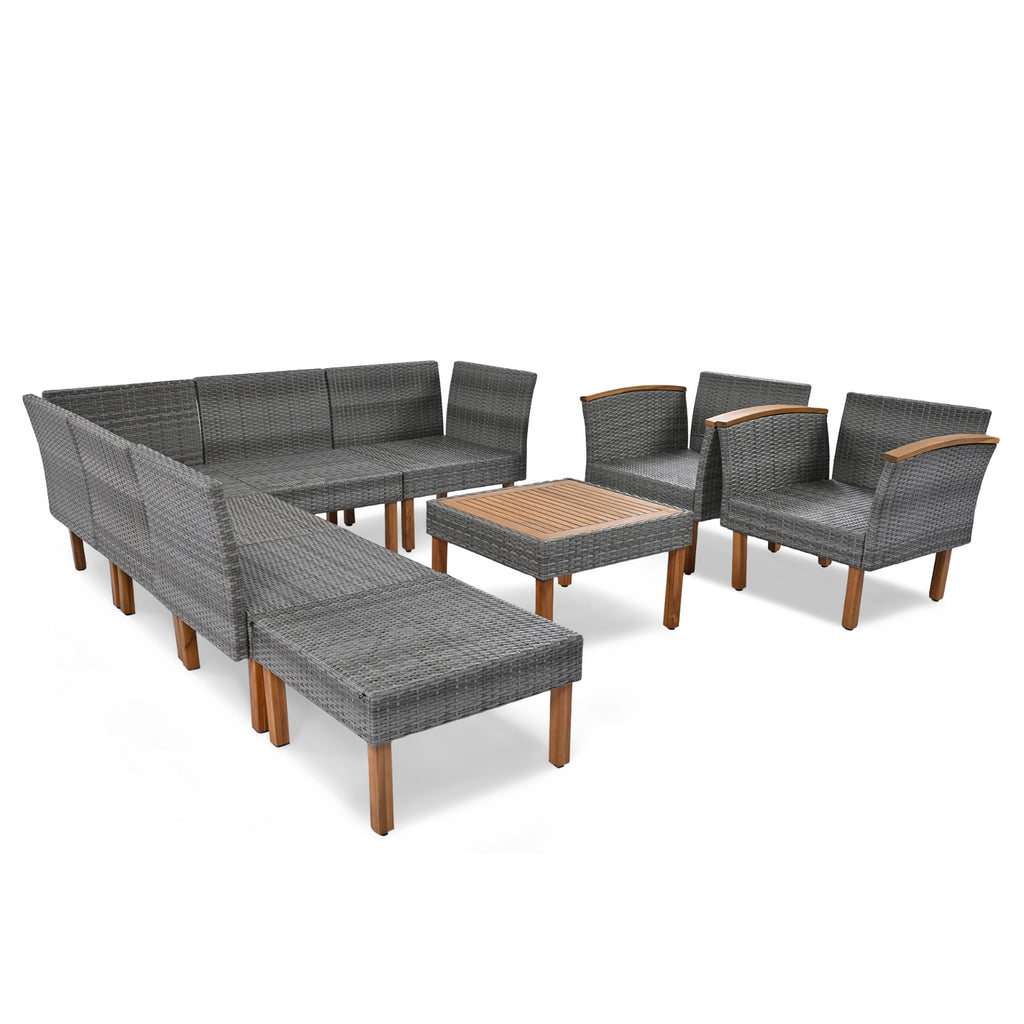 9-Piece Patio Rattan Conversation Set with Acacia Wood Legs & Tabletop – Modern Outdoor Furniture Collection