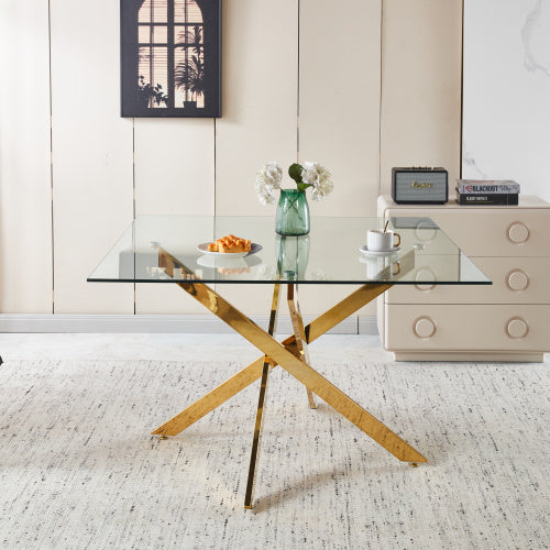 Modern Golden Dining Table with Cross Metal Legs & Glass Top – Space-Saving Square Kitchen Table (120x120x75cm)