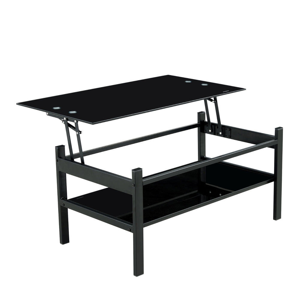 Modern Glass Lift-Top Coffee Table – 2-Layer Black Tempered Glass, Simple Contemporary Design