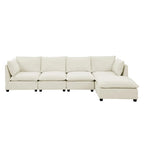 Convertible 4-Seat L-Shaped Sectional Sofa Couch with Ottoman – Cloud-Style Sofa with Padded Armrests for Living Room, Apartment & Office (Beige/White)