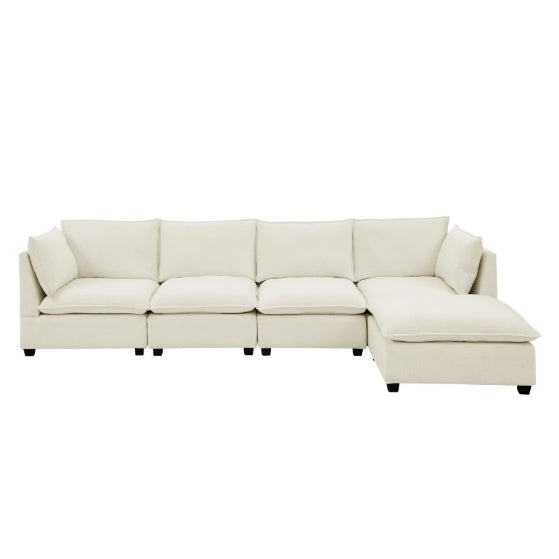 Convertible 4-Seat L-Shaped Sectional Sofa Couch with Ottoman – Cloud-Style Sofa with Padded Armrests for Living Room, Apartment & Office (Beige/White)