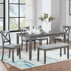 6-Piece Dining Set with Rectangular Wooden Table, 4 Upholstered Chairs & Bench – Modern Gray Kitchen & Dining Room Furniture