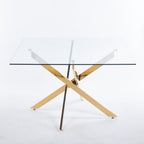 Modern Golden Dining Table with Cross Metal Legs & Glass Top – Space-Saving Square Kitchen Table (120x120x75cm)