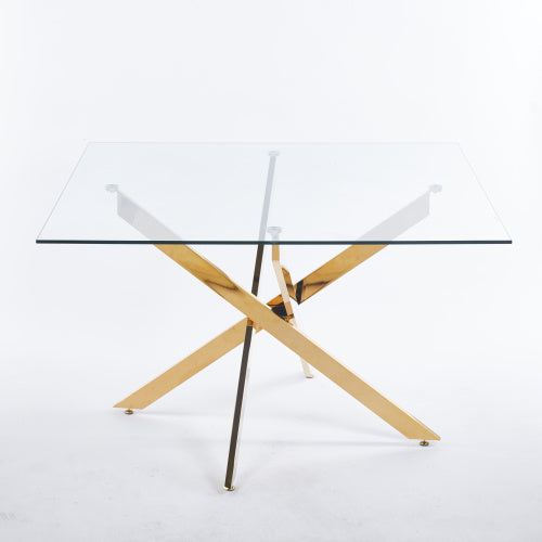 Modern Golden Dining Table with Cross Metal Legs & Glass Top – Space-Saving Square Kitchen Table (120x120x75cm)