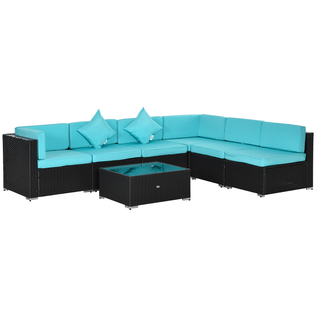 7-Piece Wicker Patio Conversation Set with Cushions & Glass Table – Outdoor Furniture Set in Turquoise