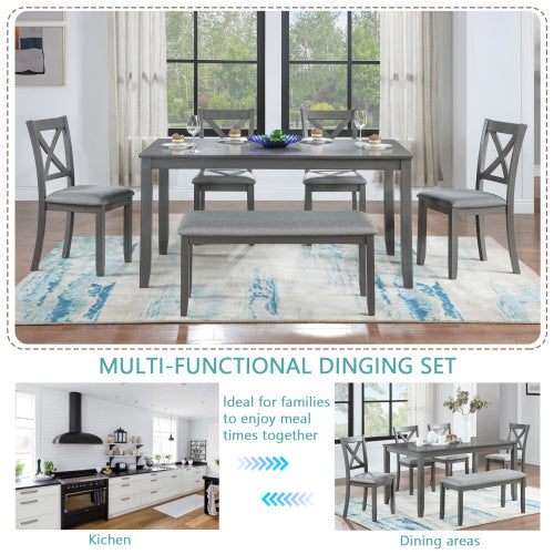 6-Piece Dining Set with Rectangular Wooden Table, 4 Upholstered Chairs & Bench – Modern Gray Kitchen & Dining Room Furniture