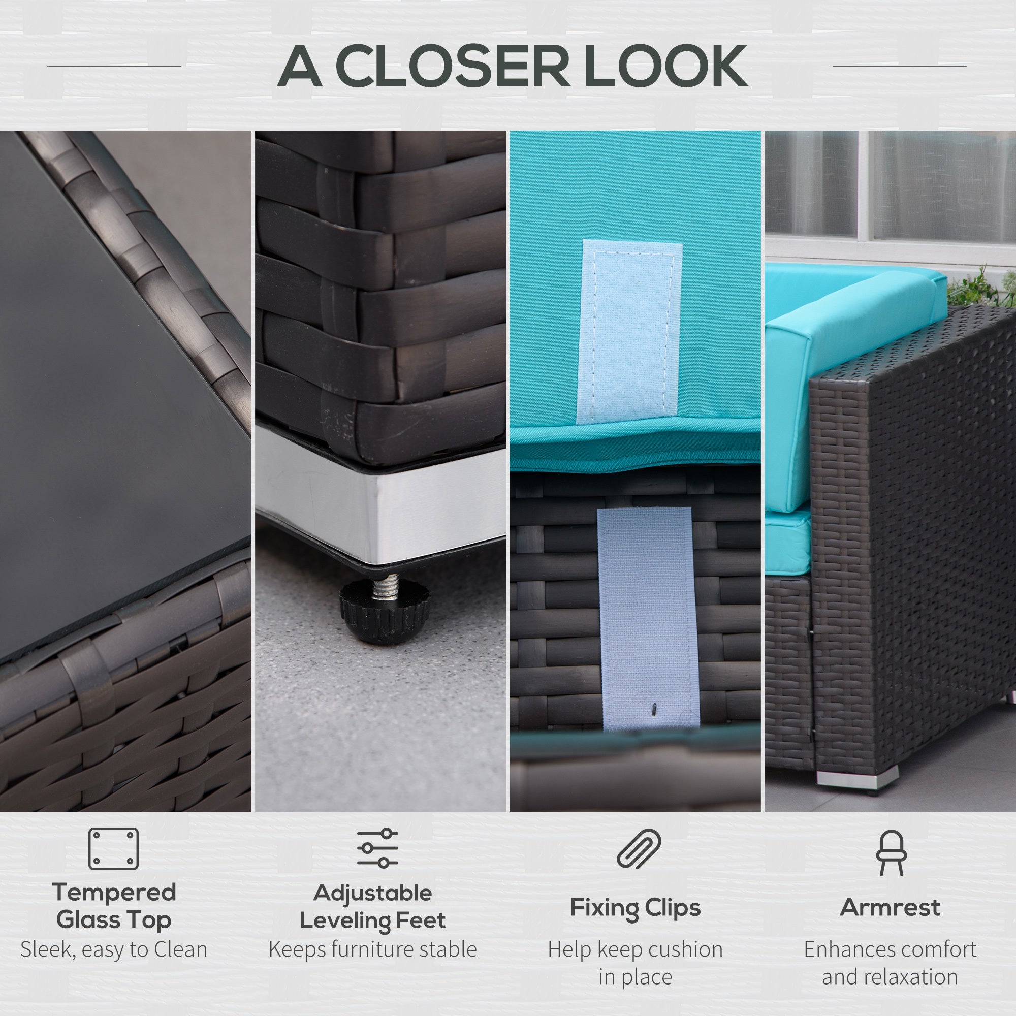 7-Piece Wicker Patio Conversation Set with Cushions & Glass Table – Outdoor Furniture Set in Turquoise