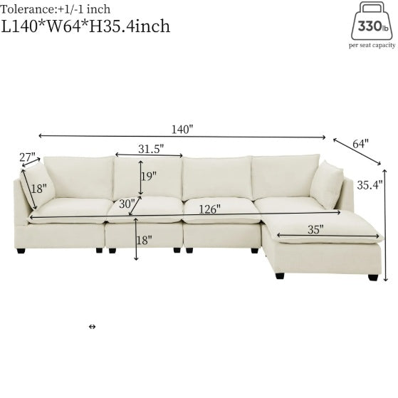 Convertible 4-Seat L-Shaped Sectional Sofa Couch with Ottoman – Cloud-Style Sofa with Padded Armrests for Living Room, Apartment & Office (Beige/White)