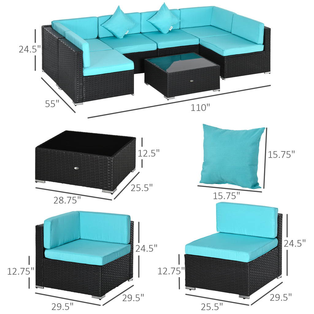 7-Piece Wicker Patio Conversation Set with Cushions & Glass Table – Outdoor Furniture Set in Turquoise